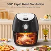 An air fryer is shown on a kitchen counter with food items around it, and text describing its features. Produktbild-Vorschau