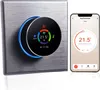 A smart thermostat and a smartphone displaying its app are shown side-by-side. Produktbild-Vorschau