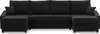 A black sectional sofa is shown from the front against a white background.