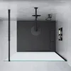 A modern, minimalist shower enclosure with a black frame and clear glass, set against concrete walls and floor. Produktbild-Vorschau