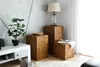 A living room scene with wooden pedestals, a plant, and a lamp. Voir les images du produit