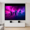 A home theater setup with a projector screen displaying a vibrant image, flanked by speakers on a white media console. Produktbild-Vorschau