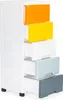 A white plastic cabinet with five drawers of varying colors (orange, yellow, white, light blue, and gray). Produktbild-Vorschau