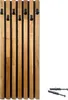 A wooden coat rack with black hooks mounted on a black background, with two wall plugs in the lower right corner. Náhled obrázku produktu