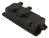 A black electrical outlet with two covered sockets and a threaded connector on a white background. Anteprima dell’immagine prodotto