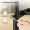 Close-up of a hand using a tool to assemble a black metal bed frame, with marketing text and icons overlaid. Produktbild-Vorschau