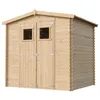 A wooden garden shed with double doors and two windows, presented against a white background. Náhľad obrázku produktu
