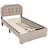 A single bed frame with a tufted headboard and wooden slats is shown against a white background. Náhled obrázku produktu