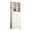 A tall, white, multi-compartment cabinet with clear doors on the top section showing clothes on hangers, and solid doors on the lower sections. Anteprima dell’immagine prodotto