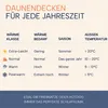 A chart showing different types of down blankets for various seasons and temperature ranges, along with a tagline about perfect sleep climate. Produktbild-Vorschau