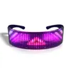 A pair of LED glasses with a curved design, displaying a pattern of purple and pink lights. Podgląd zdjęcia produktu