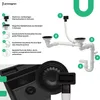 Diagram showing features of a kitchen sink drain system with numbered callouts and descriptive text. Produktbild-Vorschau