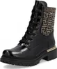 A black patent leather lace-up boot with a patterned cuff and gold trim. Voir les images du produit