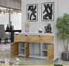 A modern dining room with a sideboard, dining table, chairs, and artwork. Voir les images du produit