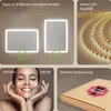 Collage of marketing images for a lighted bathroom mirror, showing different sizes, LED quality, and packaging. Produktbild-Vorschau