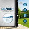 A black solar shower with a shower head and faucet, set against a background of a concrete wall and a grassy lawn with trees. Several circular icons with text describe its uses. Náhľad obrázku produktu