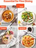 A collage of four images showcasing different types of meals served with cutlery, implying the use of the VEVOR 45-piece cutlery set. The meals include soup, salad, dessert, and spaghetti. Produktbild-Vorschau