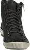 A close-up, front view of a black leather high-top sneaker with laces and a side zipper. Anteprima dell’immagine prodotto