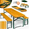 A collage of images showing a foldable beer tent set, including a table and benches, its folded state, and accessories like an umbrella and a grill. Produktbild-Vorschau