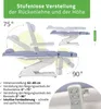 A marketing image showing a medical or cosmetic treatment table with various adjustment angles and features highlighted by text and diagrams. Produktbild-Vorschau