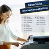 A woman is interacting with a printer while a list of compatible printer models is displayed. Produktbild-Vorschau