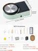 A top-down and angled view of a mini pottery wheel machine with dimensions and accessories shown. Produktbild-Vorschau