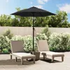 Two lounge chairs and a black umbrella are set up on a patio with a wooden fence and lush green bushes in the background. Podgląd zdjęcia produktu