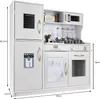 A white toy kitchen with various appliances and accessories, shown with dimensions indicated. Produktbild-Vorschau