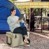 A woman is sitting on a cooler box in a campsite, using a tablet. Náhľad obrázku produktu