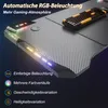 A close-up view of a gaming desk with RGB lighting and a keyboard. Produktbild-Vorschau