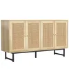 A wooden sideboard with rattan doors on a black metal frame, presented against a white background. Náhľad obrázku produktu