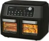 A black dual-chamber air fryer with glass doors, displaying food cooking inside. Produktbild-Vorschau