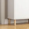 Close-up of the bottom of a white cabinet with wooden legs, placed on a wooden floor next to a wall with baseboards. Produktbild-Vorschau