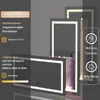 A marketing image showcasing a lighted mirror with various features highlighted by text overlays. Produktbild-Vorschau
