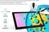 A digital drawing tablet with a stylus, displaying a colorful abstract image. Text and icons highlight product features. Produktbild-Vorschau