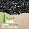 A single green battery is shown in the foreground, with a pile of batteries in the background. Text overlays the image. Produktbild-Vorschau