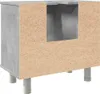 A 3D rendering of a bathroom cabinet with a cutaway view showing its internal structure and materials. Produktbild-Vorschau
