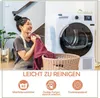 A woman is holding a red cloth next to a washing machine and a laundry basket. Produktbild-Vorschau