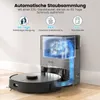 A robot vacuum cleaner and its charging/emptying station are shown on a wooden floor against a white wall. The station has a transparent tank showing dust being collected. Produktbild-Vorschau