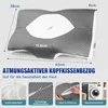 A pillow with dimensions and features highlighted, along with smaller inset images showing fabric, zipper, and a washing machine. Produktbild-Vorschau
