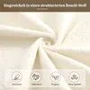 A close-up of a textured, beige fabric, likely a bouclé material, with four circular icons and text overlays highlighting product features. Anteprima dell’immagine prodotto