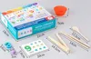 A flat lay of a children's math learning game set, including cards, beads, and tools, with dimensions indicated. Produktbild-Vorschau