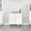 A white bathroom vanity with a sink and faucet, set against a textured white wall and a gray tiled floor. Náhled obrázku produktu