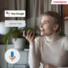 A woman is holding a remote control and speaking into it, with speech bubbles indicating voice commands to Google Assistant. The Thomson logo is visible in the top right corner. Produktbild-Vorschau