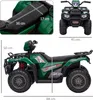 A collage of images showing a green electric quad bike for children, with dimensions indicated. Náhled obrázku produktu