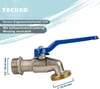 A close-up product shot of a brass ball valve with a blue handle, with text overlays and measurements. Produktbild-Vorschau