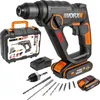 A cordless hammer drill and its accessories are displayed on a white background. Produktbild-Vorschau