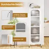 A white, narrow, 5-tier kitchen cabinet with a ribbed glass door and wooden handle, shown in a room setting with a plant and kitchen counter in the background. The image includes callouts highlighting product features. Podgląd zdjęcia produktu