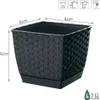 A dark gray woven-textured square planter with a matching saucer, shown with dimensions and capacity indicated. Produktbild-Vorschau