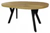 A round dining table with a wood-look top and black metal legs, isolated on a white background. Náhled obrázku produktu